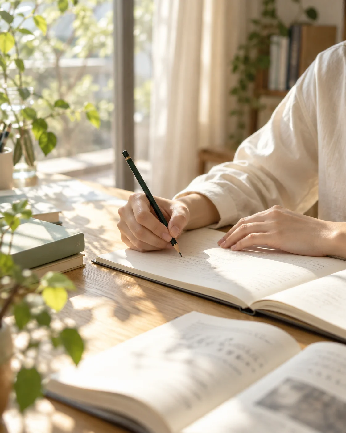 窓からの自然光の中、ノートに自分の考えを書き留める学習風景のイメージ
